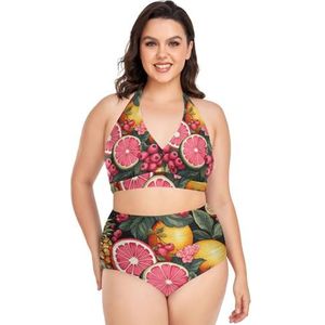 Retro Jungle Fruit Oranje Vrouwen Bikini Sets Plus Size Badpak Twee Stukken Hoge Taille Strandkleding Meisjes Badpakken, Pop Mode, XL
