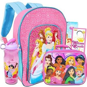 Disney Prinses rugzak en lunchbox set voor meisjes - bundel met prinses schooltas, lunchtas, stickers en waterfles voor kinderen (Princess School Supplies)