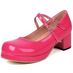 Gepatenteerde leren Lolita Chunky schoenen voor vrouwen, bruid, bruiloft, feest, riempje, platform, Mary Janes, pumps, Cubaanse hakken, Rosy Rood, 37 EU