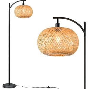 booglamp Boho Bamboe Staande Lamp voor Slaapkamer Kantoor Vintage Vloerlamp voor Woonkamer LED Rieten Vloerlamp Voetschakelaar staande lamp