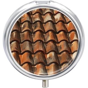 Ronde metalen pillendoos, bruine tegeldak bedrukte reispillenorganisator, draagbare pillencontainer, kleine pillendoos voor portemonnee en zak voor het bewaren van vitamines, medicijnen en