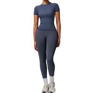 Women 2 Piece Workout Short Sleeve Crop Top with High Waisted Running Shorts Sets Activewear (Size:XL,Color:Dark Blue)