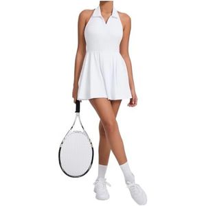 Tennisjurk voor dames, eendelig, slimfit, sportset, zacht, ademend, omgeslagen kraag voor buiten, badmintonpakken, zakken, wit, L