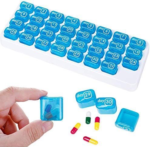 Feelairy Pillendoos, pillenbox voor 31 dagen, draagbare tablettenbox voor een maand met deksel, voor onderweg, medicijndoos, voor vitaminen, medicijnen, voor dagelijks gebruik en op reis