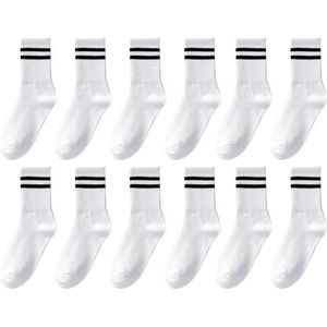 6 paar witte sportsokken, damessokken, ademende katoenen sokken, vrijetijdssokken, crew-sokken, twee-stap-strepen-design, fitnessbenodigdheden, wit, One size