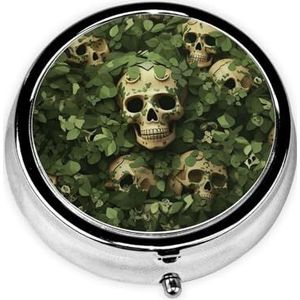 Pillendoosje met spiegel, retro pillendoosje met 3 vakken, groene achtergrond, schedel en bladeren, kleine pillenorganizer voor portemonnee of zak, decoratieve metalen medicijnen, vitamine-organizer