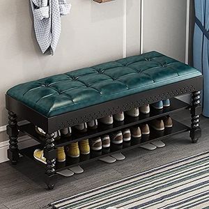 VDLLQYN, Met leren zitting, opbergkisten, entree, schoenenkast, accentmeubels for hal, slaapkamer, woonkamer, maximale belasting 440 lbs ，Schoenrek bank(Blue,40x30x48cm)