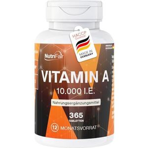 Vitamine A 10.000 IE - 365 tabletten - 3000 μg retinylacetaat - hoog gedoseerd - 100% veganistisch – Duitse productie & laboratoriumtest - NutriFair | Premium & Fair
