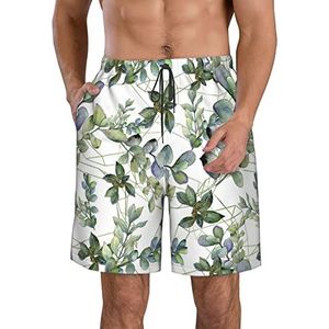 JIAWUJYNB Groene eucalyptusbladeren print heren strandshorts zomer shorts met sneldrogende technologie, licht en casual, Wit, S