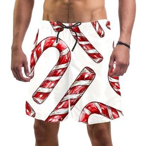 PAFEFO Nieuwigheid boardshorts voor heren, strandvakantie, feest, sneldrogende badpakken met kerstsnoepstokken ontwerpen, Kerst Candy Canes, M
