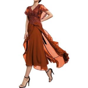 SAYNO Kant Applique Moeder van de Bruid Jurk voor Bruiloft Prom Jurken Plooien Cocktail Jurken Plus Size, Verbrand Oranje, 32