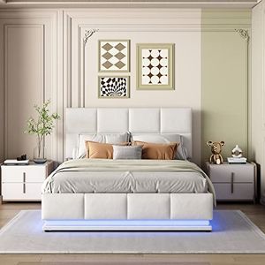 Gestoffeerd bed 140x200 cm met LED-licht en opbergruimte - kunstleer tweepersoonsbed in wit