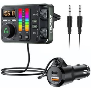 LENCENT Bluetooth Auto 5.3 FM Transmitter, FM-zender Snellader PD20W+QC18W, Hi-Fi Treble & Bass Speler AUX Bluetooth Autoradio Adapter met 2 Microfoons voor Handsfree Bellen, Siri, Google, 3.5 mm AUX