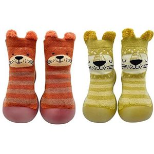 FedMois 2 paar Baby kruipschoenen eerste schoentjes slofjes antislip sokken pantoffels, leeuw en hond, 12 maanden