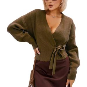 Oversized V-hals Trui for Dames, Gebreide Top Van Wolmix Met Wikkelriem en Cropped Zoom(Brown,XL)
