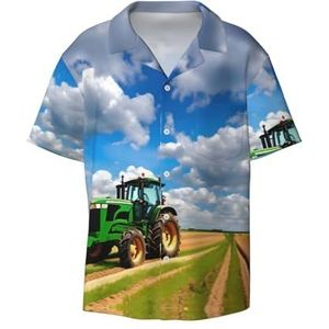 Tractor Under Blue Sky en White Clouds Print Heren Overhemden Atletisch Slim Fit Korte Mouw Casual Business Button Down Shirt, Zwart, L