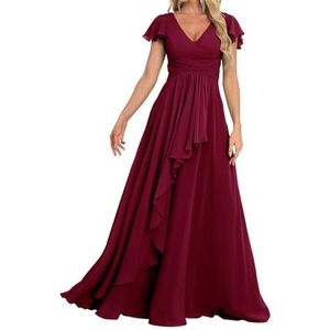 Prinses Bruidsmeisjes Jurken Flutter Mouw Galajurken Chiffon Formele Avondfeest Maxi Jurk met Split ZM189, Bordeaux, 32