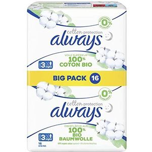 Always Ultra Binden Dames Organic Cotton Gr. 3, Night, 48 maandverband met vleugels (3 x 16 stuks) multipack, veilige bescherming en oppervlak 100% biologisch katoen