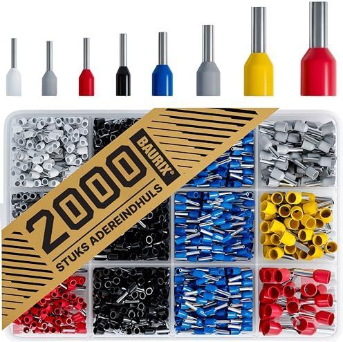 BAURIX® Adereindhuls assortiment 2000 stuks - Krimptang Adereindhulzen gesorteerd volgens DIN - [0,5-10 mm²] - Professionele set van geïsoleerde adereindhulzen - Adereindhuls Set