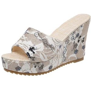 Elegante Damesslippers Met Bloemenprint Zomermode Sandalen 10 Cm Sleehak Platformslippers Peep Toe Slippers for Feest Retro Romeinse Sandalen Vrijetijdsstrandschoenen(White,37 EU)