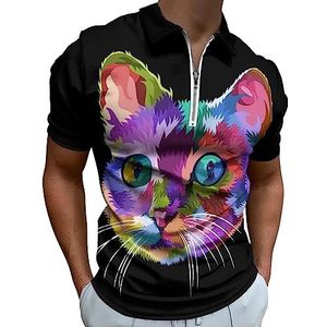 Kleurrijke kat hoofd pop art stijl poloshirt voor mannen casual rits kraag T-shirts golf tops slim fit