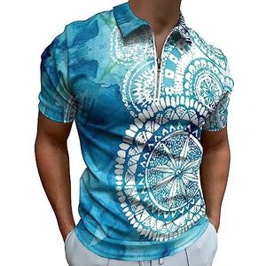 Bohemian Blauw Aquarel Wiet Polo Shirt voor Mannen Casual Rits Kraag T-shirts Golf Tops Slim Fit