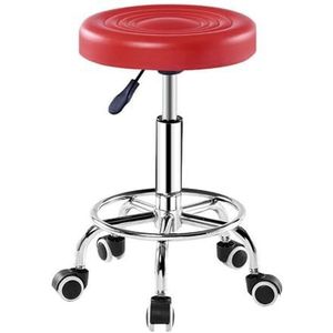FXLUHAY Pu-lederen ronde rolkruk met voetsteun, in hoogte verstelbare kruk met wielen, 360 graden draaibare kantoorkruk stoel voor spa-salon, massage tattooshop opstellen (rood)