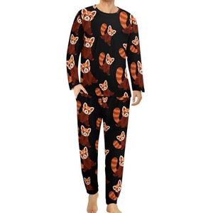 Leuke rode panda comfortabele heren pyjama set ronde hals lange mouwen loungewear met zakken 4XL