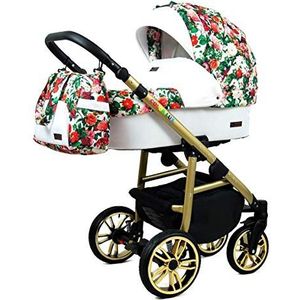 Kinderwagen 3 in 1 complete set met autostoeltje Isofix babybad babydrager Buggy Colorlux Gold van ChillyKids Small Roses 2in1 zonder autostoel