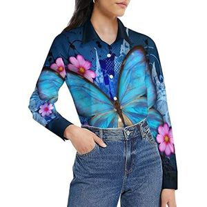 Mode vlinder bedrukt damesshirt lange mouwen button down blouse casual werk shirts tops L