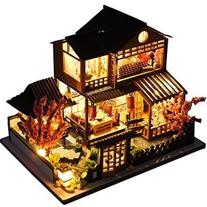 XLZSP Japanse Stijl DIY Poppenhuis Kit Handgemaakte Miniatuur Meubels LED Verlichting Houten Poppenhuis Kit Muziek met Beweging 1:24 Schaal Model House Kit Verjaardag (Mini Sakura Garden)