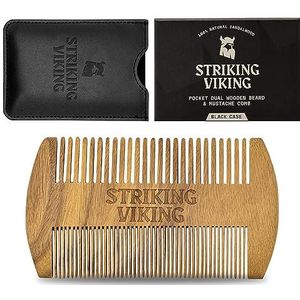 Baardkam en etui van sandelhout, baard- en snor kam van hout in zakformaat met fijne en grove tanden, perfect voor gebruik met balsems en oliën, Striking Viking (zwart)
