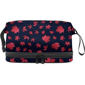Grote capaciteit reizen cosmetische tas,Herfst rode esdoorn bladeren donkerblauw, make-up tas, waterdichte make-up tas organisator, Meerkleurig, 27x15x14 cm/10.6x5.9x5.5 in