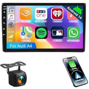 Android 14.0 2 Din Autoradio 9"" Touchscreen Auto Stereo voor Audi A4 met Draadloze Carplay Android Auto GPS navigatie AHD Omgekeerd beeld Stuurwielbediening(S-6(8G+128G))