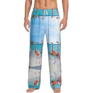Roze Flamingo Op Strand Mannen Lange Lounge Wear Broek Nachtkleding Pyjama Bodems Nachtkleding Met Zakken En Trekkoord, Wit, S