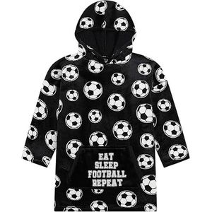 ThePyjamaFactory Jongens Eat Sleep Voetbal Zwart en Wit Volledig Gevoerde Luxe Fleece Hoodie Oversized Fleece Deken Hoody Voor Kinderen, Zwart, 4-8 Years