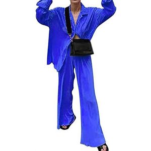 Dames Geplooide 2 Stuk Broek Outfits Lange Mouwen Button Down Shirt Wijde Pijpen Lange Broek Set Loungewear Streetwear Pakken (Color : Dark blue, Size : S)