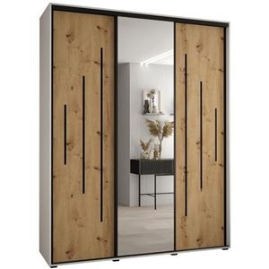 MEBLE KRYSPOL Davos 13 190 Kledingkast met drie schuifdeuren voor slaapkamer - Moderne Kledingkast met spiegel, kledingroede en planken - 235,2x190x60 cm - Wit Artisan Zwart