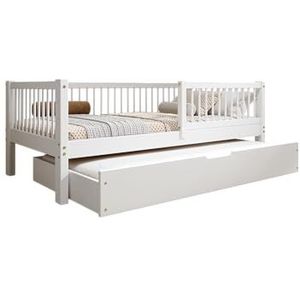 TIMBEE - Alfi Duo - Kinderbed 90x200 met Lade - Tweepersoonsbed Wit - Kinderbed met Lattenbodem en Valbeveiliging Afneembaar - Draagvermogen Tot 100kg - Gemaakt Van Klasse 1 Grenenhout