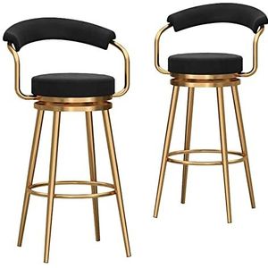 FZDZ Draaibare barkrukken set van 2 met rug metalen hoge kruk hoge stoel voor binnen buiten pub keuken, hoogte 75 cm, fluwelen zitting, metalen frame (kleur: zwart, maat: gouden poten)