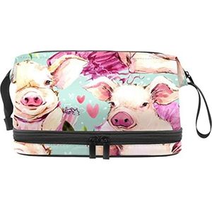 Dubbele Laag Cosmetische Tas Roze Varken Bloemen Draagbare Make-up Tas Reizen Organizer Pouch voor Vrouwen Meisjes Toiletartikelen Tassen, Meerkleurig, 27x15x14 cm/10.6x5.9x5.5 in, Make-up zakje
