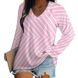 Candy Pink Diagonaal Streep Patroon Vrouwen V-hals Shirt Lange Mouw Tops Casual Losse Fit Blouses