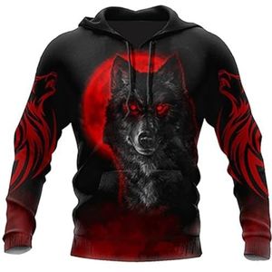 Noorse Mythologie Fenrir Hoodie, Nieuwigheid Viking Odin Wolf 3D Digitale Print Tattoo Rood Casual Rits Sweatshirt, Lente en Herfst Cosplay Feestjassen (Color : Wolf B hood, Size : XXL)