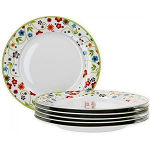 Van Well Vario platte bordenset, 6-delig, tafelservies voor 6 personen, platte ESS-borden met Ø 26,5 cm, porseleinen servies, wit met bloemendesign, bordenset, magnetronbestendig