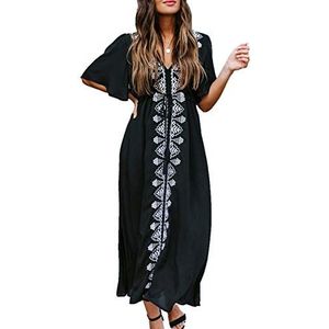 YouKD Zomer Katoen Geborduurd Bloemen Lange Kaftan Bohemian Strand Badpak Cover Up Maxi Jurk voor Dames