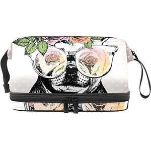 Grote capaciteit reizen cosmetische tas,Hand getrokken mopshond met bloemen op hoofd, make-up tas, waterdichte make-up tas organisator, Meerkleurig, 27x15x14 cm/10.6x5.9x5.5 in