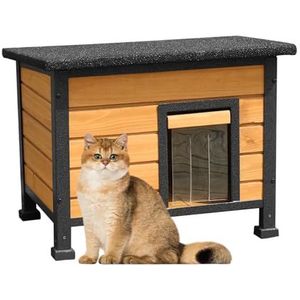X-ZONE PET Kattenhuis voor buiten en binnen, houten kattenhuis, weerbestendig voor de winter, ribbit hok, houten huis voor konijnen, cavia's, kattenschuilplaats met rondom ijzeren frame
