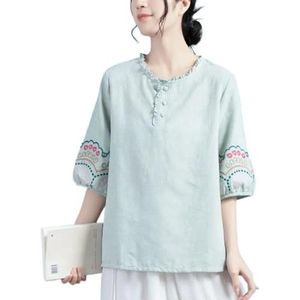 Dames Plus Size Retro Etnische Stijl Tops Ronde Hals 3/4 Mouwen Losse Shirts Chinese Stijl Jacquard Casual Blouse (Color : Green, Size : XXL)
