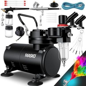 MASKO® Airbrush-set met compressor 4 bar incl. airbrush-pistolen | lakpistool complete set tattoo kunst schilderen | naalden & spuitmonden in accessoires | multifunctionele dubbele set met manomter en