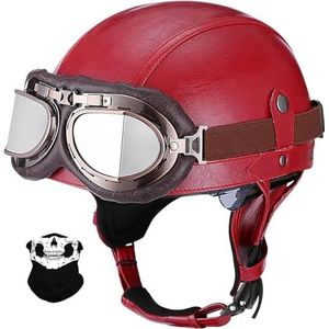 3/4 Jethelmen Voor Volwassenen Motorhelm Retro Bromfietshelm 3/4 Open Motorhelmen Met Bril PU Leer Scooterhelm Chopper Dames Heren DOT/ECE Gecertificeerd E,M=57-58CM